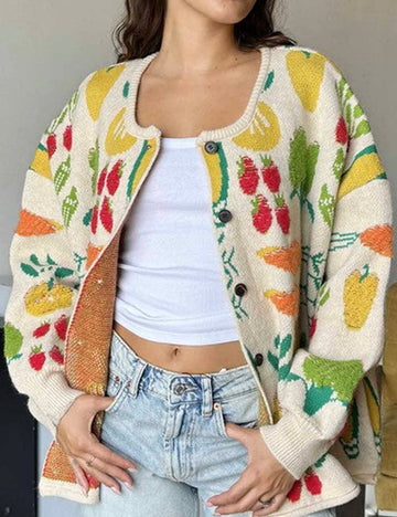 Ladies Veggie Garden Jacquard Round Neck Button Cardigan