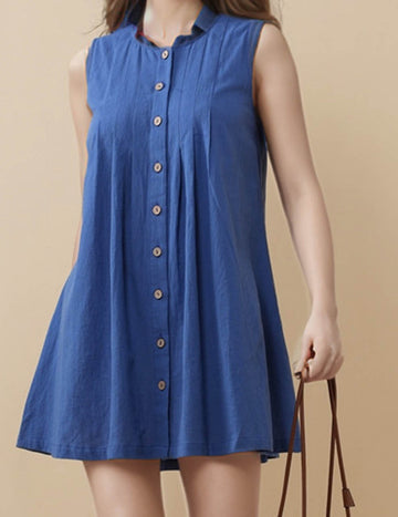 Ladies Round Neck Button Sleeveless Pleated Mini Dress SKD5M1
