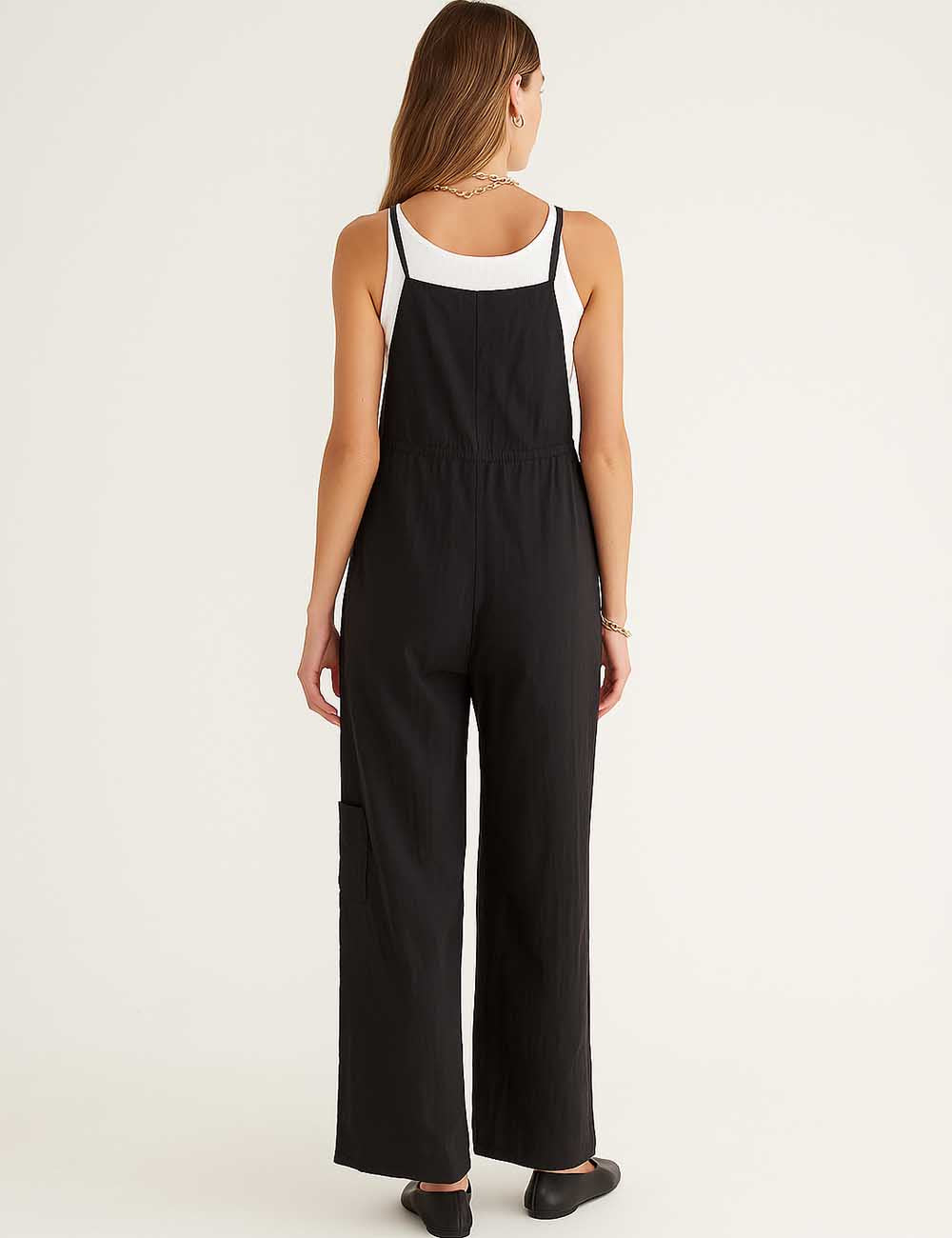 Ladies Solid Color Strap Shoulder Drawstring Wide Leg Jumpsuit