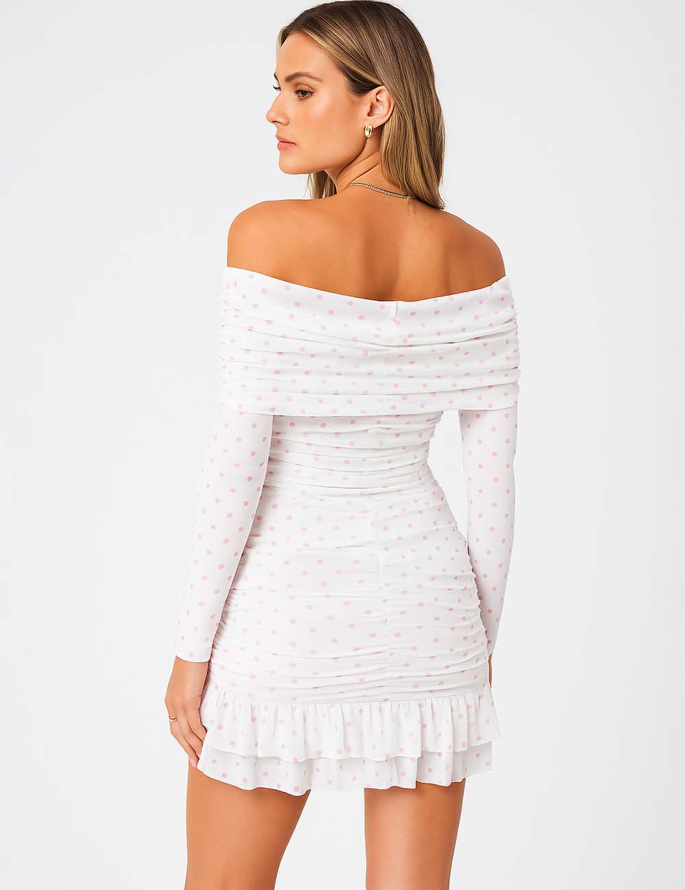 Ladies Polka Dot Off-Shoulder Bodycon Ruffle Midi Dress