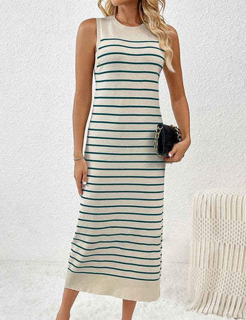 Ladies Pullover Striped Sleeves Knit Maxi Dress