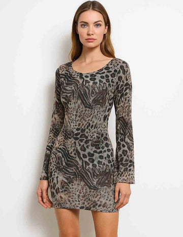 Ladies Leopard Print Round Neck Scoop Back Mesh Mini Dress