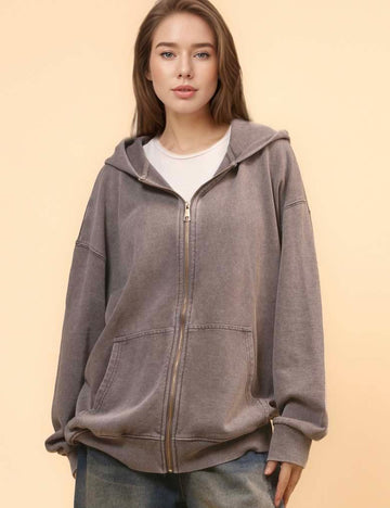 Ladies Slouchy Washed Zip Hooded Sweatshirt SKT4700