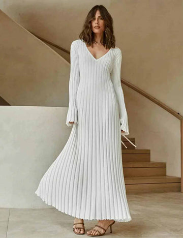 Ladies V-Neck Long Sleeves Large Hem Knit Dress 0728-1#
