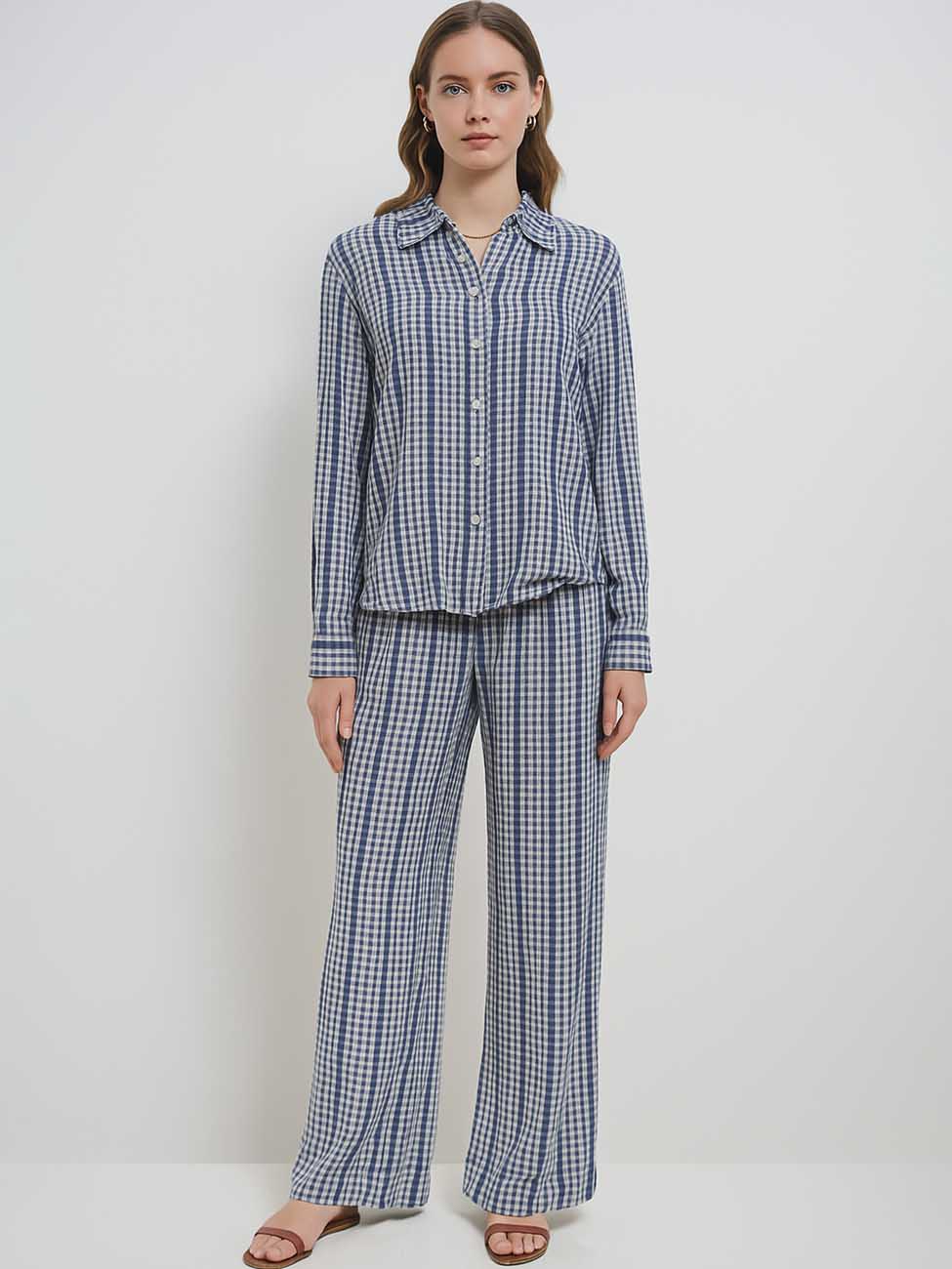 Women Checked Cozy Color Block Bra Shirt Pants 3PCS Set