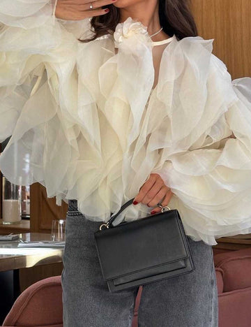 Ladies Round Neck Tiered Ruffle Long Sleeves Mesh Blouse