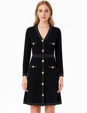 Ladies V-Neck Contrast Stitching Knit Midi Dress