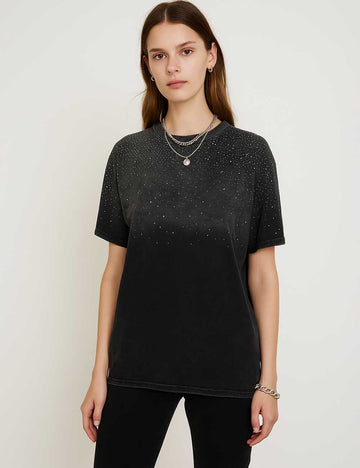 Women Cozy Sparkle Rhinestone Pullover Washed Black T-Shirt