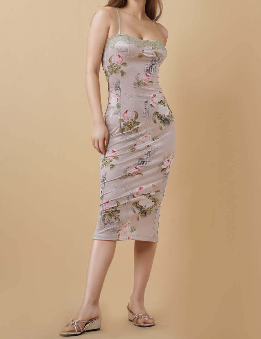 Ladies Floral Print Lace String Shoulder Midi Dress 8SKD5M79