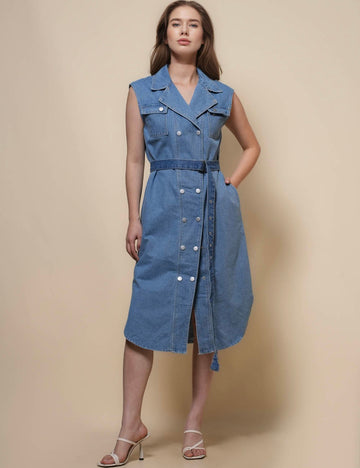 Ladies Turndown Collar Sleeveless Denim Midi Dress SKD50038