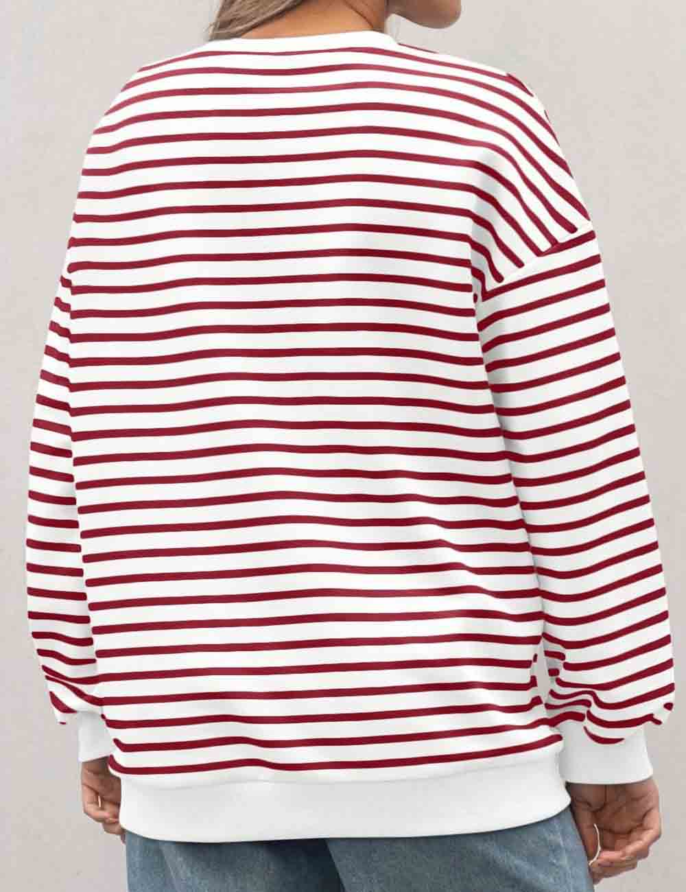 Ladies Round Neck Pullover Striped Long Sleeves Sweatshirt