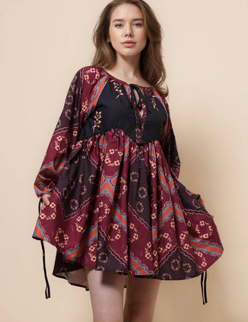 Ladies Long Sleeves Print Ruffle Midi Dress SKD41143