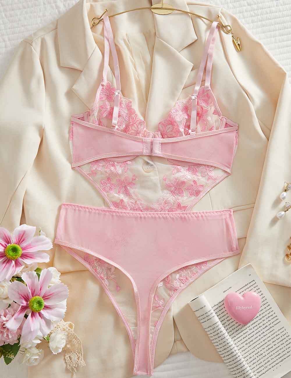 Ladies Sexy Sheer Floral Embroidery Lingerie Teddy