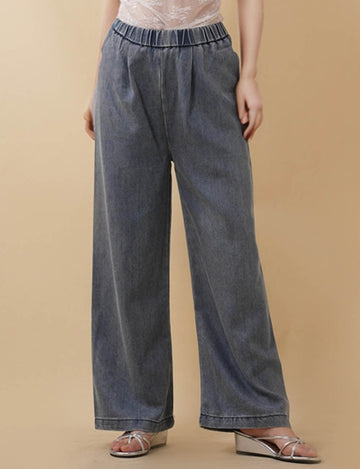 Ladies No Pocket Elastic Waist Wide Leg Denim Pants