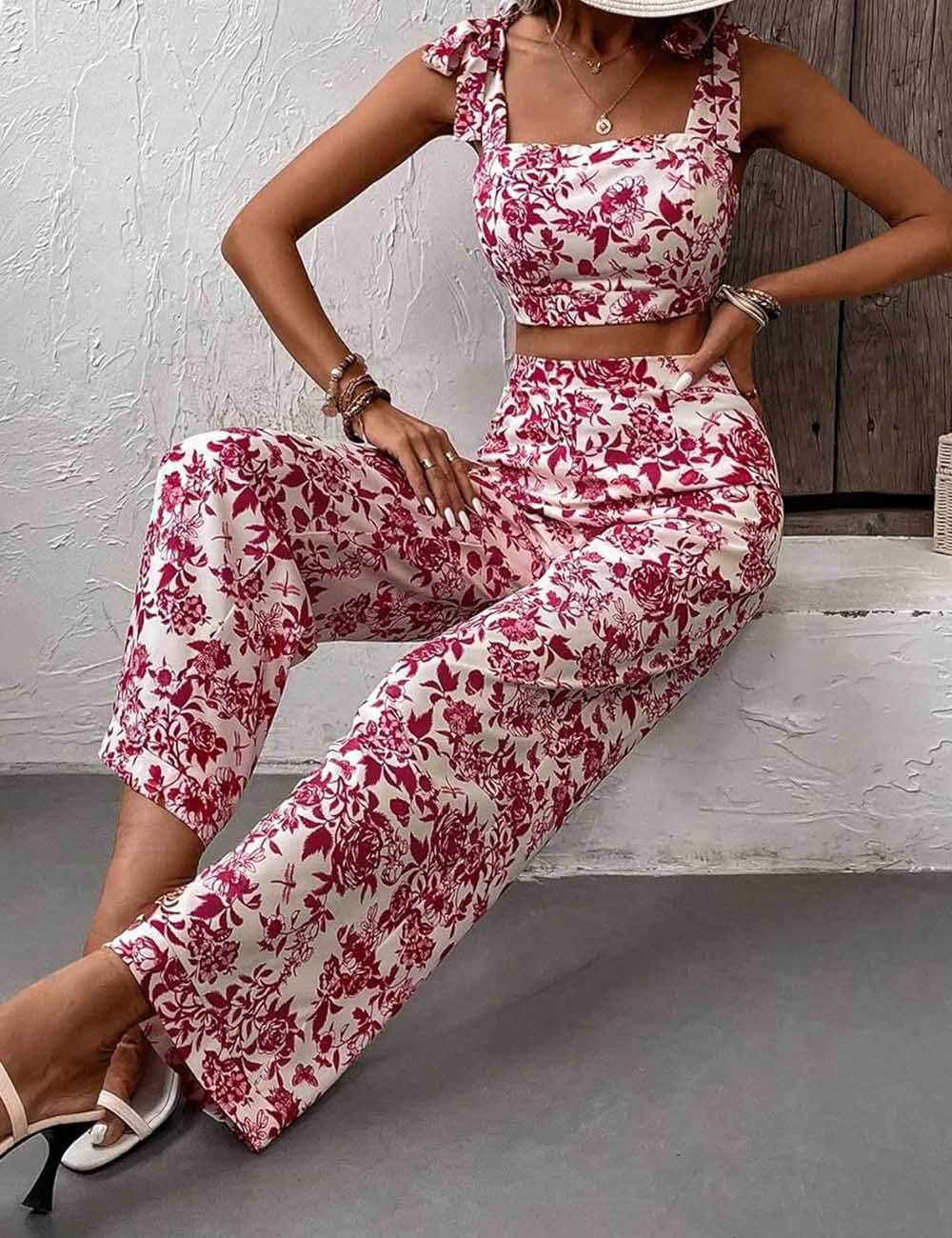 Ladies Floral Print Strap Shoulder Top & Pants Set