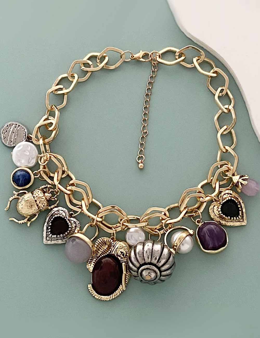 Ladies Vintage Chunky Multi Color Geometric Pendants Necklace