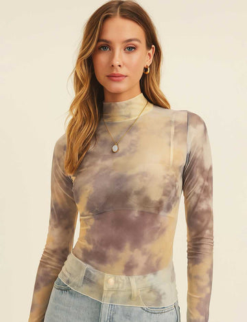 Women Color Block Blouse See Sheer Clould Print Layring Top