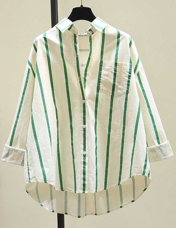 Ladies Color Block Striped Button Closure Long Sleeves Shirt