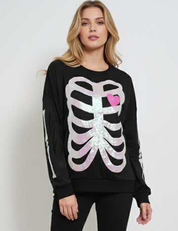 Ladies Halloween Skull Heart Long Sleeves Sweatshirt