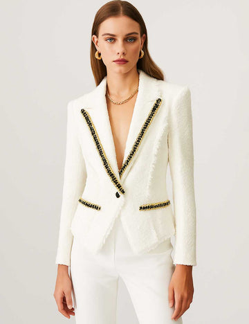 Ladies Solid Color Metal Chain One-Button Tassel Tweed Blazer
