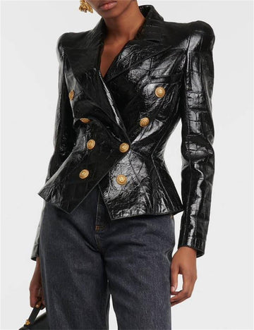 Ladies Double Breasted Long Sleeves Leather Blazer 12703
