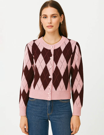 Ladies Geometric Pattern V-Neck Long Sleeves Knit Cardigan