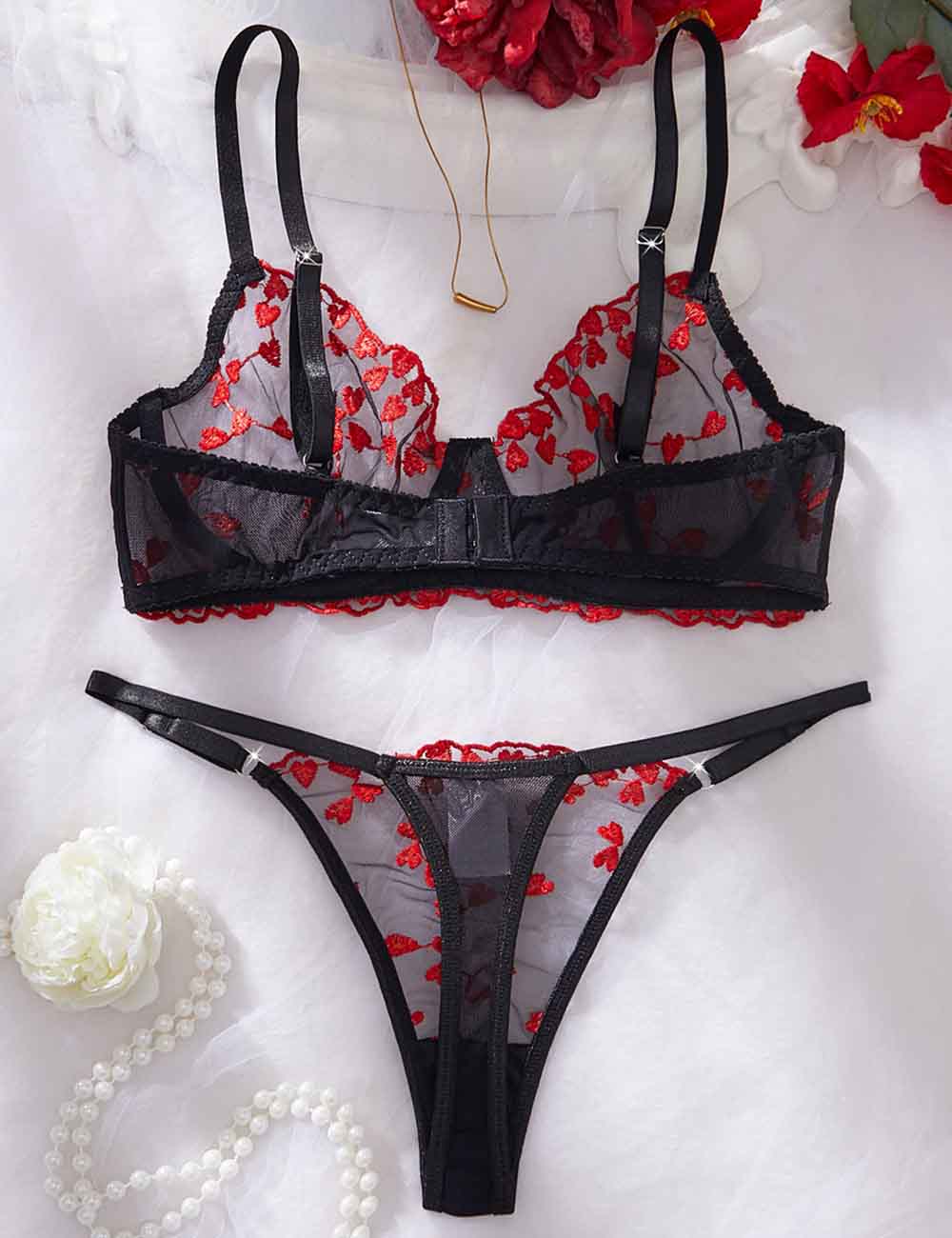 Ladies Valentine Sexy Heart Embroidery Adjustable Straps Lingerie Set