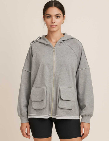 Ladies Drawstring Flap Pockets Zipper Hoodie Sweatshirt