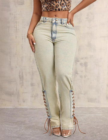 Ladies Legging Jeans String Tie Straight Leg Denim Pants