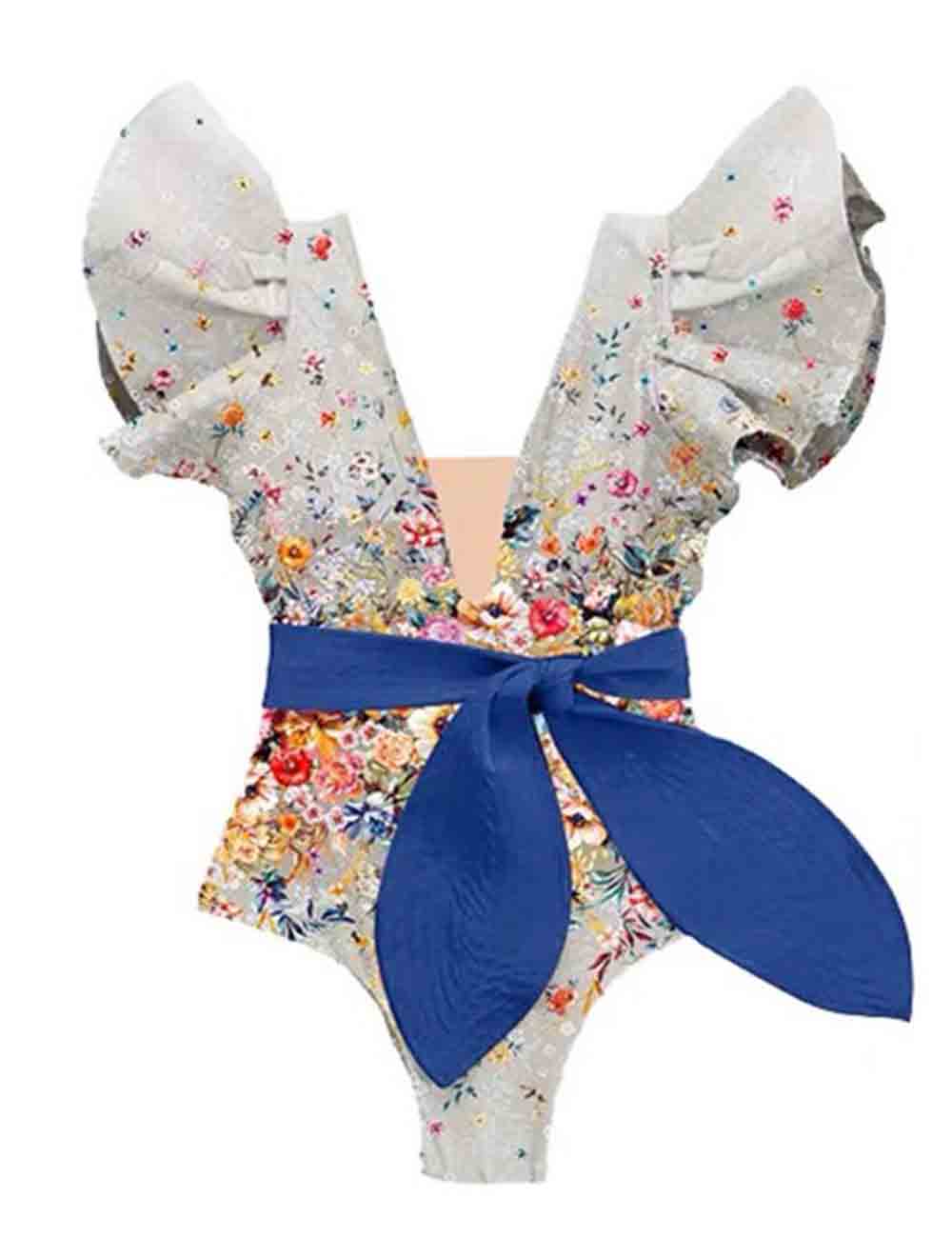 Ladies V-Neck Bowknot Floral Print One Piece Swimwear with Salong
