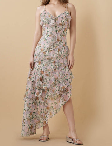 Ladies Floral Print Ruffle String Shoulder Dress 8SKD5M81
