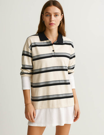 Ladies Color Block Stripe Lapel Pullover Top Everyday Sweatshirt