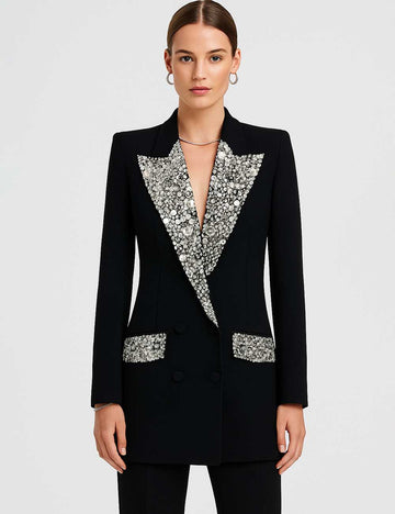 Ladies Rhinestone Peak Lapel Flap Pockets Blazer
