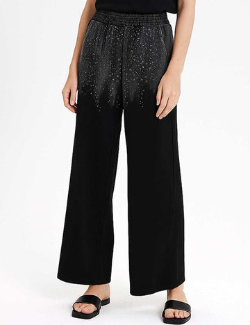 Ladies Sparkle Rhinestone Elastic Waist Wide Leg Sweatpants