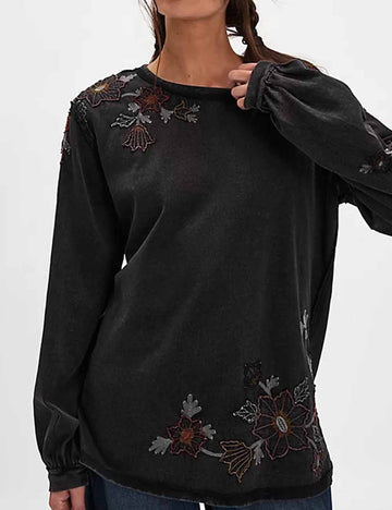 Ladies Crew Neck Floral Embroidery Long Sleeves Sweatshirt