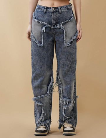Ladies Distressed Jeans Patchwork Pentagram Wide Leg Denim Pants