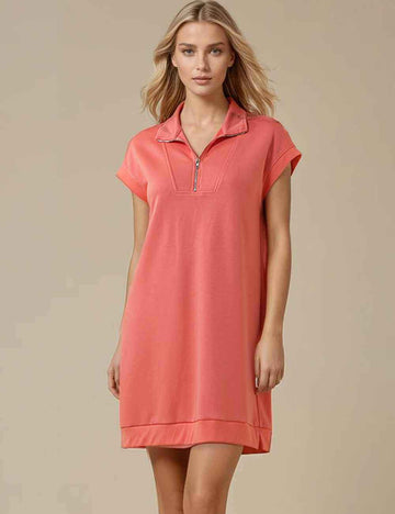 Ladies Solid Color Zipper Short Sleeves Mini Dress