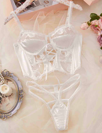 Ladies Floral Embroidery See Through 2PCS Lingerie Set 8HF4256