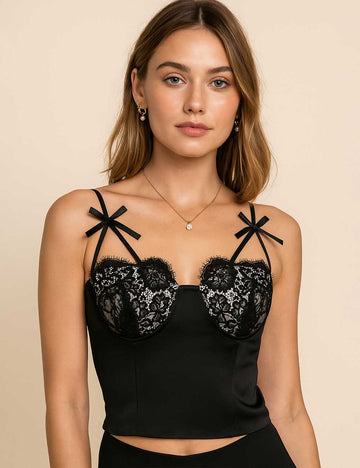 Ladies Embroidery Bow String Shoulder Back Smocked Corest Top