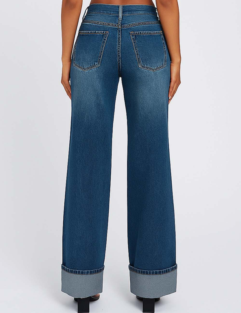 Ladies Stitch Button Front Wide Leg Denim Pants