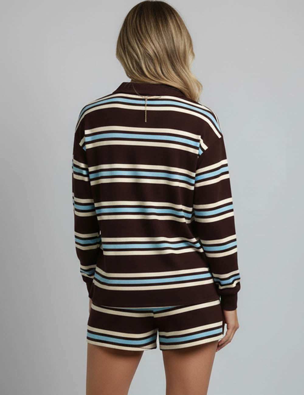 Ladies Striped Polo Collar Wide Leg Sweatshirt & Shorts Set