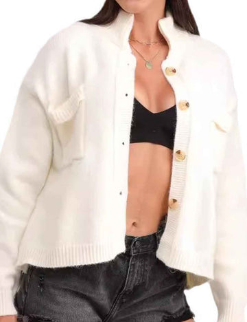 Ladies Solid Color Stand Collar Long Sleeves Knit Cardigan