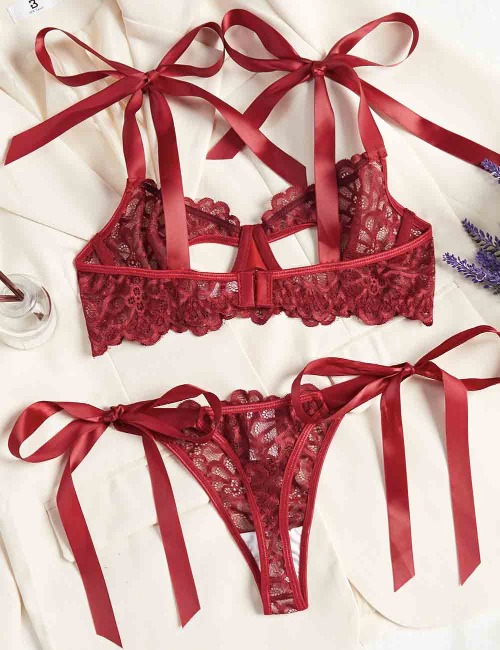 Ladies Floral Lace See Through 2PCS Lingerie Set 8HF4188