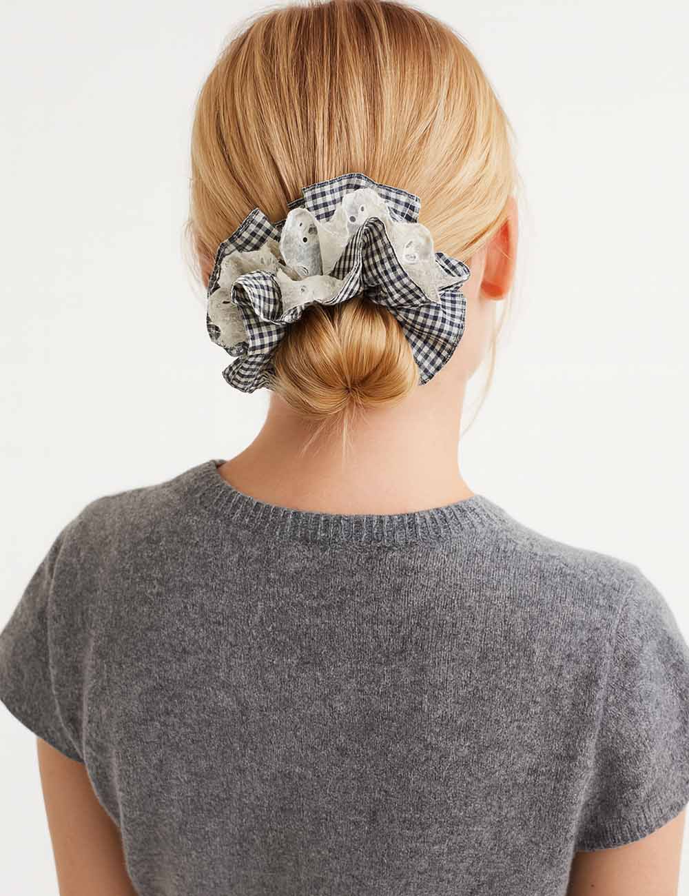 Ladies Sweet Double Layered Hollow Out Plaid Fabric Scrunchie