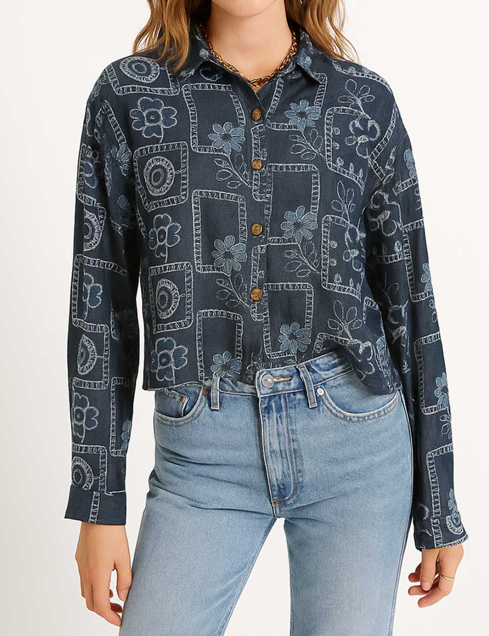 Ladies Boho Geometric Pattern Turndown Collar Denim Shirt