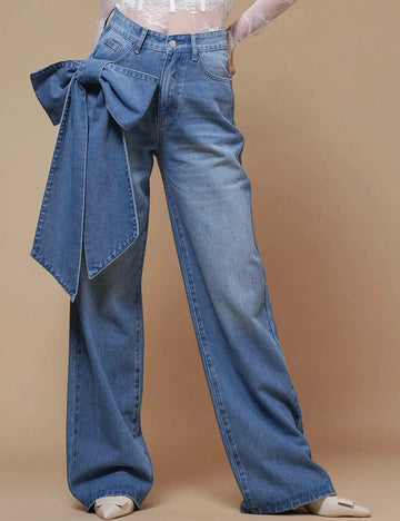 Ladies Straight Leg Denim Pants Bowknot Jeans SKP50107