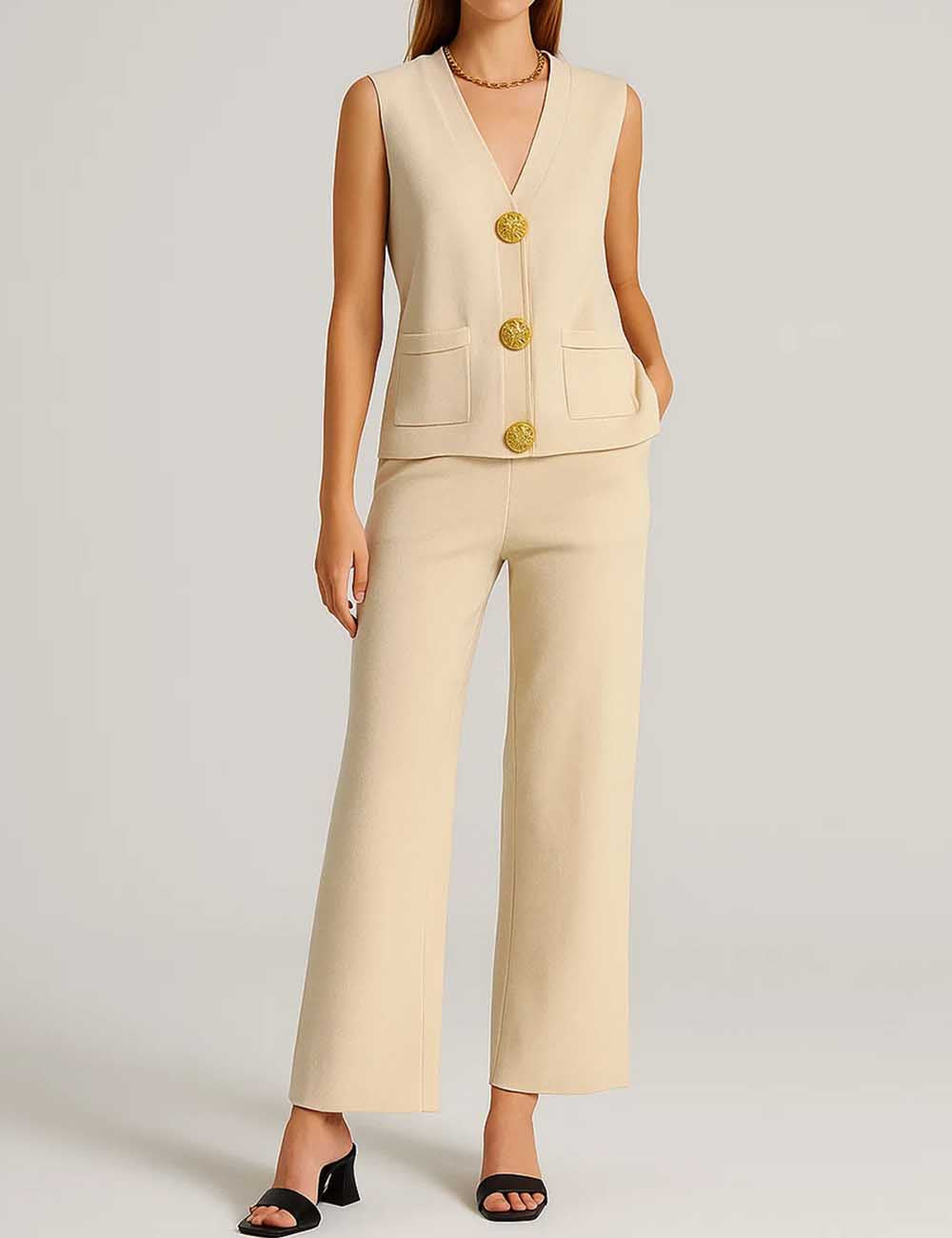 Ladies Solid Color V-Neck Button Knit Vest & Pants 2PCS Set