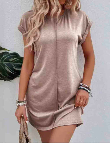 Ladies Solid Color Short Sleeves Everyday Mini Dress SKD51237