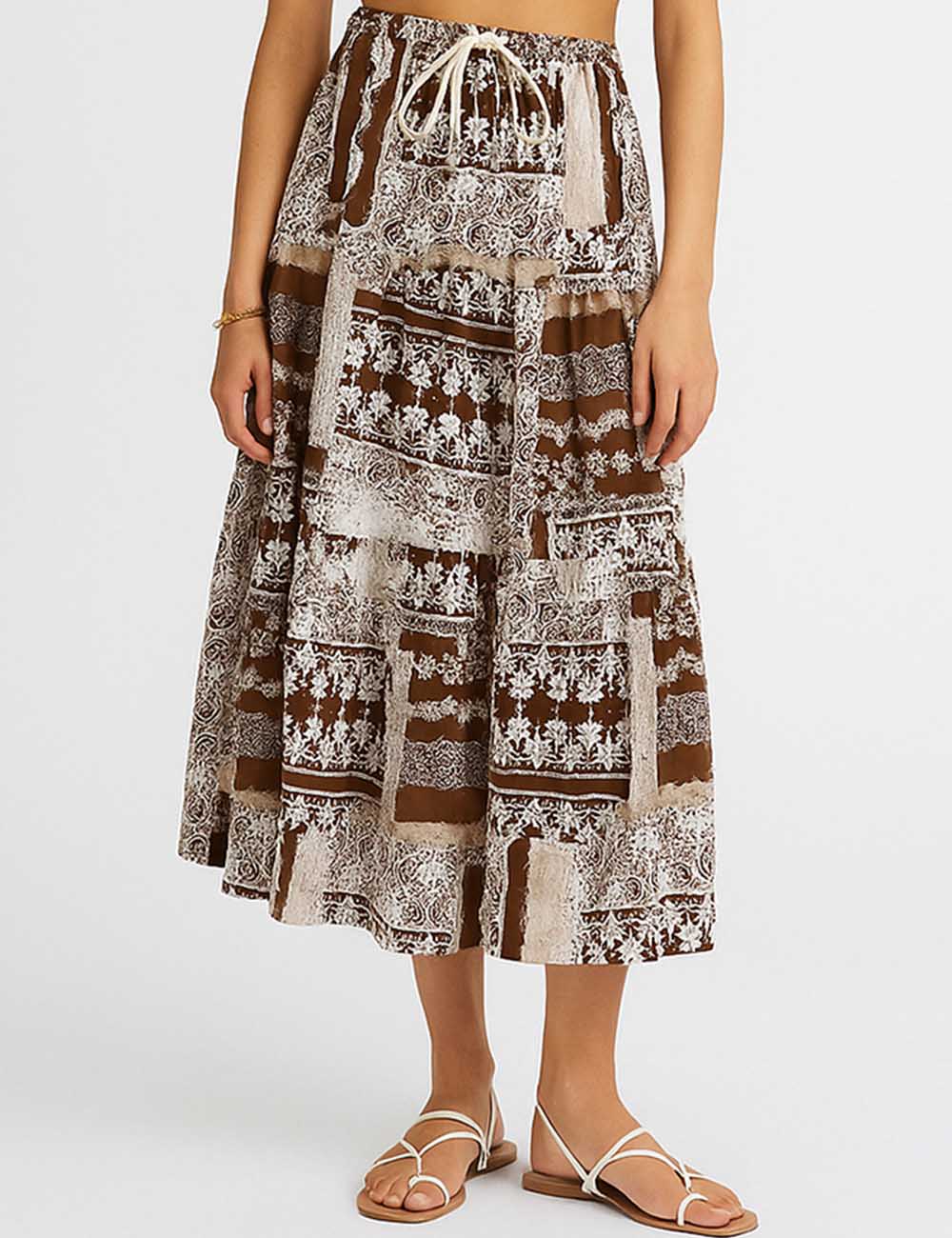 Ladies Boho Abstract Print String Tie Tiered Midi Skirt