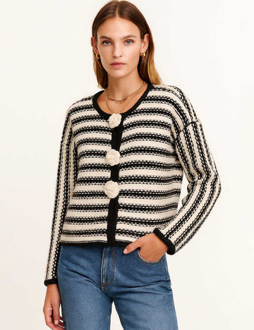 Ladies Color Block Striped Crochet Flower Knit Cardigan